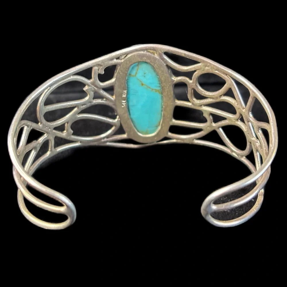 Faux Turquoise Oval Stone Openwork Silver-Toned Cuff